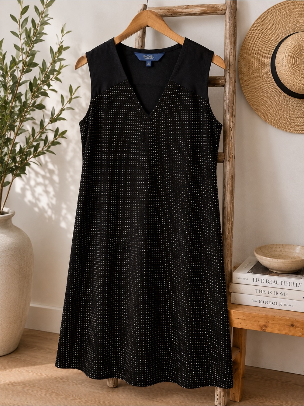 RACHEL Rachel Roy Black Sleeveless V-Neck Midi Dress with Micro Dot Detail